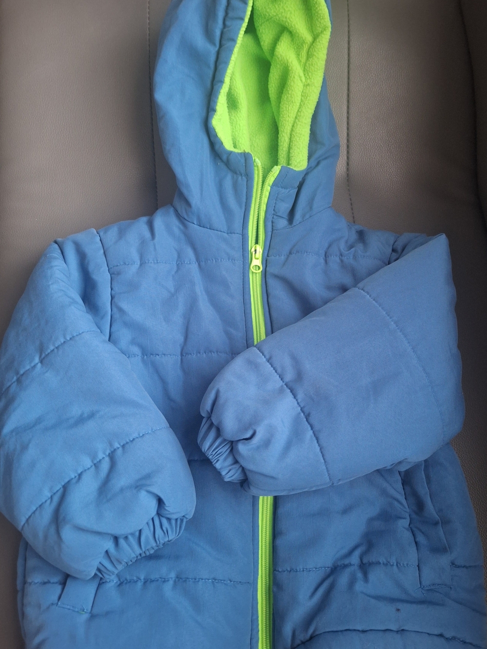 Children's Blue Hooded Puffer Jacket with Lime Lining